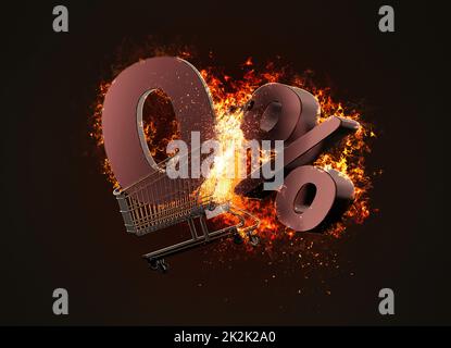 Brennender Warenkorb und rotes Null-Prozent-Rabattzeichen. 3D Abbildung Stockfoto