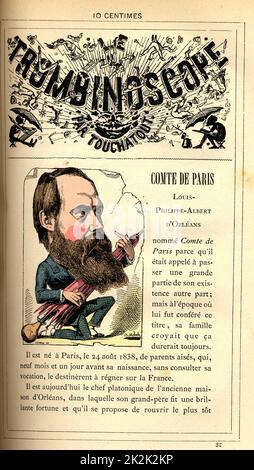 Karikatur von Philippe-Albert d'Orléans, Graf von Paris (1838-1894), in : 'Le Trombinoscope' von Touchatout, Zeichnung von Moloch. 19. Century France Privatsammlung Stockfoto