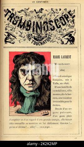 Karikatur der Schauspielerin Marie Laurent (1825-1904), in : 'Le Trombinoscope' von Touchatout, Zeichnung von Moloch. 19. Century France Privatsammlung Stockfoto