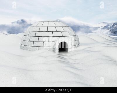 Iglu steht auf einem Schneeflugzeug. 3D Abbildung Stockfoto