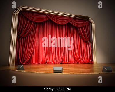 Theaterbühne mit geschlossenem roten Vorhang. 3D Abbildung Stockfoto