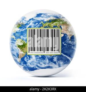 Erde mit Barcode-Etikett isoliert auf weißem Hintergrund. 3D Abbildung Stockfoto