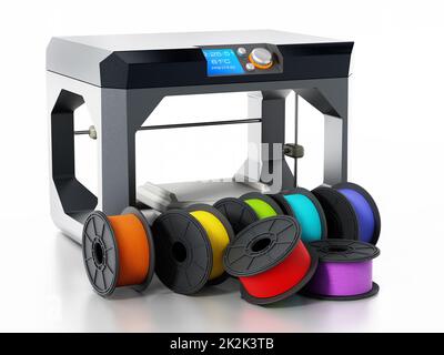 3D Filamente neben dem Drucker. 3D Abbildung. Stockfoto