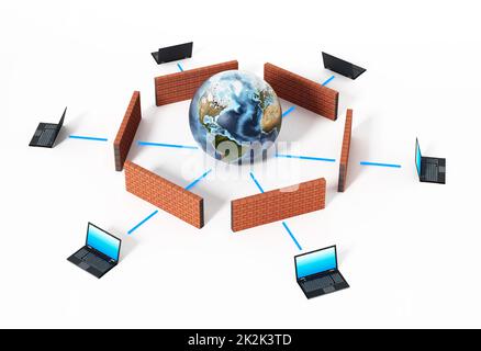 Durch Firewall geschützte Laptops. 3D Abbildung Stockfoto