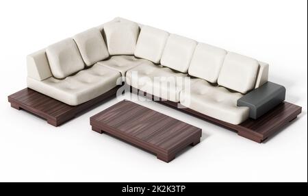 Modernes und elegantes Sofa, isoliert auf weißem Hintergrund. 3D Abbildung Stockfoto