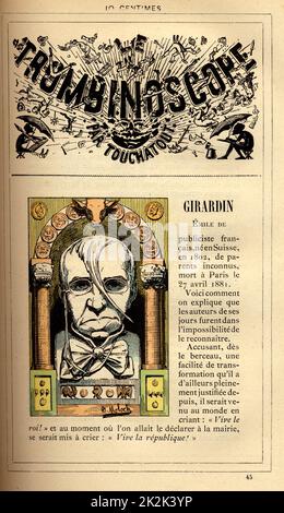 Karikatur von Emile de Girardin (1802-1881), in : 'Le Trombinoscope' von Touchatout, Zeichnung von Moloch. 19. Jahrhundert. Frankreich. Private Sammlung. Stockfoto