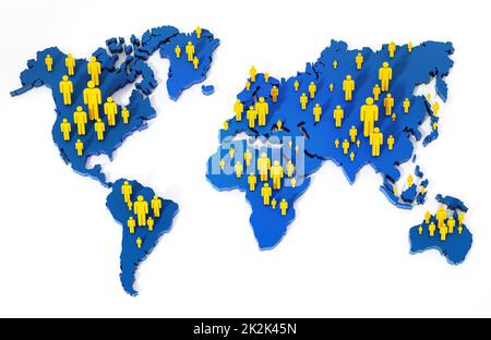 Strichmännchen stehen auf der Weltkarte. 3D Abbildung Stockfoto