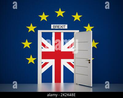 Karte der Europäischen Union um die offene Tür, die zur britischen Flagge führt. 3D Abbildung Stockfoto