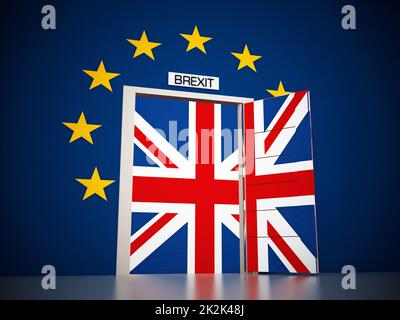 Karte der Europäischen Union um die offene Tür, die zur britischen Flagge führt. 3D Abbildung Stockfoto