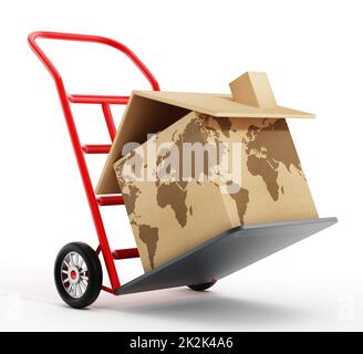 Hausförmige Pappschachtel mit Weltkarte-Struktur auf einem Handwagen. 3D Abbildung Stockfoto