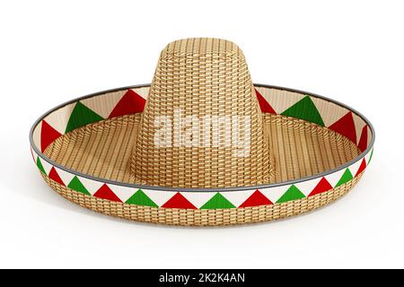 Mexikanischer Hut oder Sombrero und mexikanische Flaggen isoliert auf weißem Hintergrund. 3D Abbildung Stockfoto