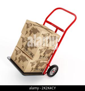 Pappkartons mit Erdform auf LKW-Handwagen. 3D Abbildung Stockfoto