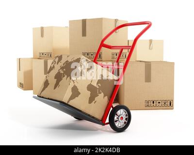 Pappkartons mit Erdform auf LKW-Handwagen. 3D Abbildung Stockfoto