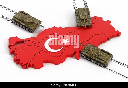 Panzer bewegen sich durch die türkische Karte und Flagge. 3D Abbildung Stockfoto