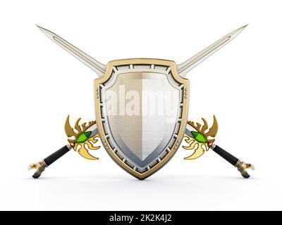Schild und gekreuzte Schwerter. 3D Abbildung Stockfoto