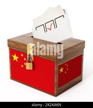 Strukturierte Wahlurne und Umschlag mit chinesischer Flagge. 3D Abbildung Stockfoto