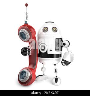 3D Roboter mit rotem Telefonröhrchen. Isoliert. Enthält Beschneidungspfad Stockfoto