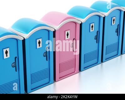 Tragbare blaue Herren und rosa Damen WCs. 3D Abbildung Stockfoto