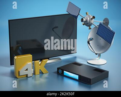 Satelliten-, Schüssel-, 4K Ultra HD-Receiver und Fernseher. 3D Abbildung Stockfoto