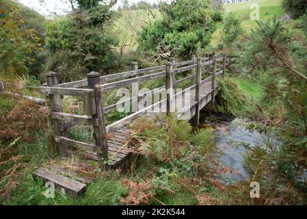 Holzbrücke an der DevilÂ'schen Sprungstelle in der Nähe von St Advent im Norden von Cornwall UK. Stockfoto