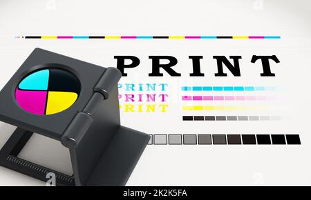 Drucklupe steht auf farbigem Testpapier. 3D Abbildung Stockfoto
