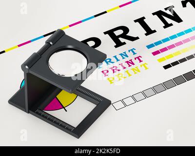 Drucklupe steht auf farbigem Testpapier. 3D Abbildung Stockfoto