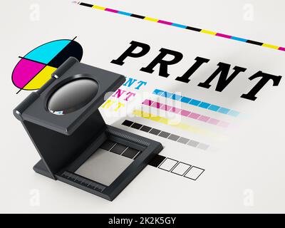 Drucklupe steht auf farbigem Testpapier. 3D Abbildung Stockfoto