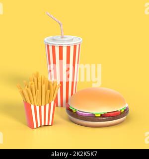 Hamburger, pommes frites und Cola Fast Food 3D Illustration Stockfoto