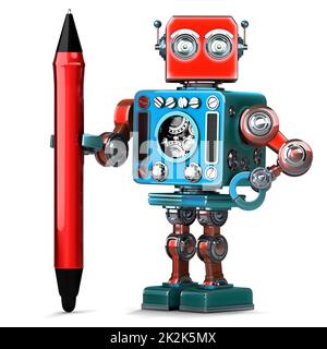 Vintage-Roboter mit rotem Stift. Isoliert. Enthält Beschneidungspfad Stockfoto