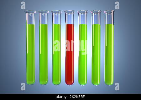 Transparente Reagenzgläser mit farbigen Flüssigkeiten. Chemisches Analysenkonzept. Enthält Beschneidungspfad Stockfoto