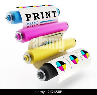 CMYK-Druckmaschine mit Testdruck. 3D Abbildung Stockfoto