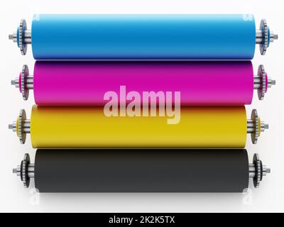 CMYK-Druckmaschine mit Testdruck. 3D Abbildung Stockfoto