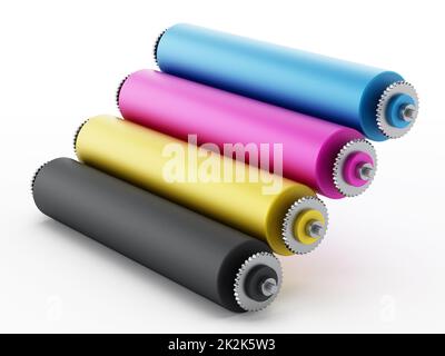 CMYK-Druckmaschine mit Testdruck. 3D Abbildung Stockfoto