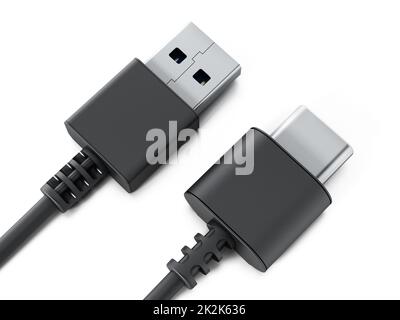 USB-Kabel Typ C und USB 3,0 isoliert auf weißem Hintergrund. 3D Abbildung Stockfoto