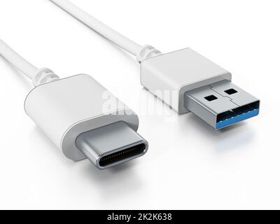 USB-Kabel Typ C und USB 3,0 isoliert auf weißem Hintergrund. 3D Abbildung Stockfoto