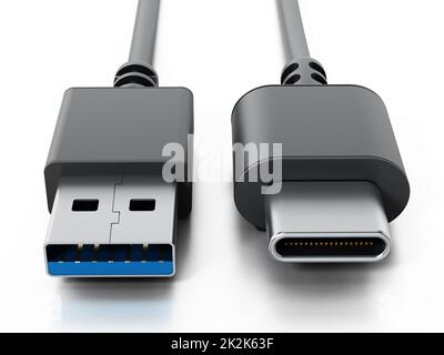 USB-Kabel Typ C und USB 3,0 isoliert auf weißem Hintergrund. 3D Abbildung Stockfoto