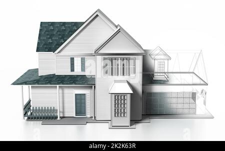 Luxuriöses modernes Haus mit veredelten Teilen aus Drahtmodellen. 3D Abbildung Stockfoto