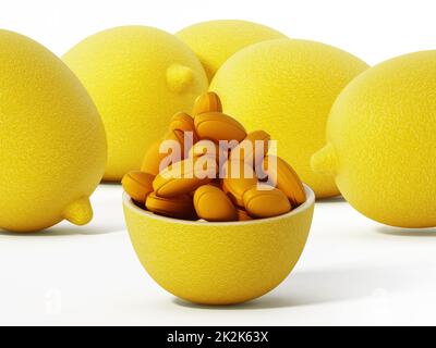 Vitamin-C-Pillen in halber Zitrone isoliert auf weißem Hintergrund. 3D Abbildung Stockfoto