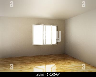 Leeres Zimmer mit weißen Wänden und Hartholzboden. 3D Abbildung Stockfoto