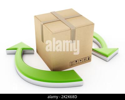 Pappkarton, der zwischen den Recycling-Pfeilen steht. 3D Abbildung Stockfoto