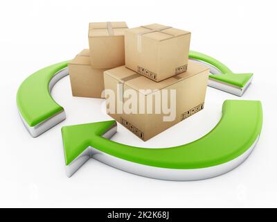 Pappkarton, der zwischen den Recycling-Pfeilen steht. 3D Abbildung Stockfoto