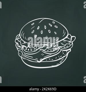 Amerikanischer Hamburger, dünne weiße Linien auf texturellem dunklen Hintergrund - Vektor Stockfoto