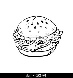 Amerikanischer Hamburger, dünne schwarze Linien auf weißem Hintergrund - Vector Stockfoto