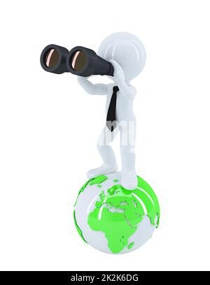Geschäftsmann mit Fernglas, der auf dem Globus steht Stockfoto