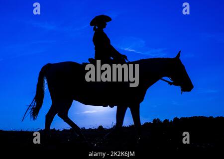 Silhouette Cowgirl on Horse at Sunset in Blue (9) Stockfoto