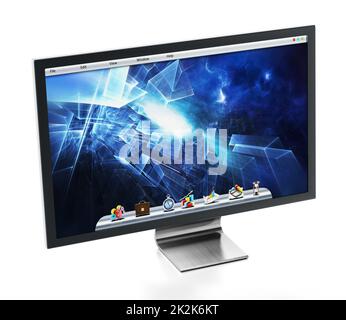 Computermonitor mit blauem Desktop-Hintergrundbild. 3D Abbildung Stockfoto
