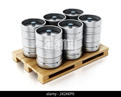 Stapel Bierfässer aus Metall stehen auf Holzpaletten. 3D Abbildung Stockfoto