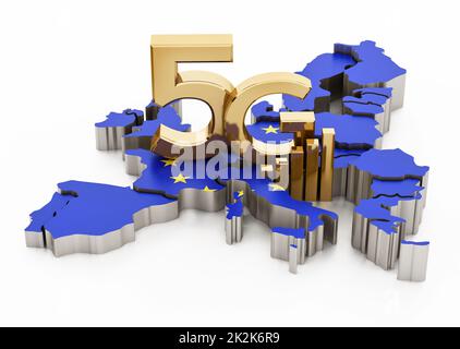 5G Wort, das auf der europäischen Karte steht und unter der Flagge der Europäischen Union geführt wird. 3D Abbildung Stockfoto