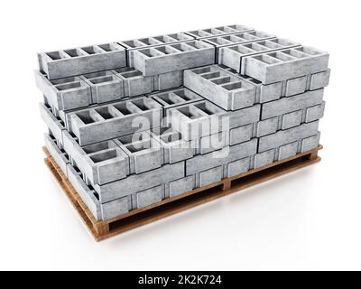 Ein Stapel grauer Bausteine, der auf einem Holzboden steht. 3D Abbildung Stockfoto