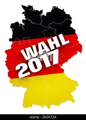 Wahl 2017-Text auf deutscher Karte strukturiert mit deutscher Flagge. 3D Abbildung Stockfoto